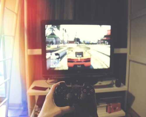 Console controllers displayed at a gaming exhibition